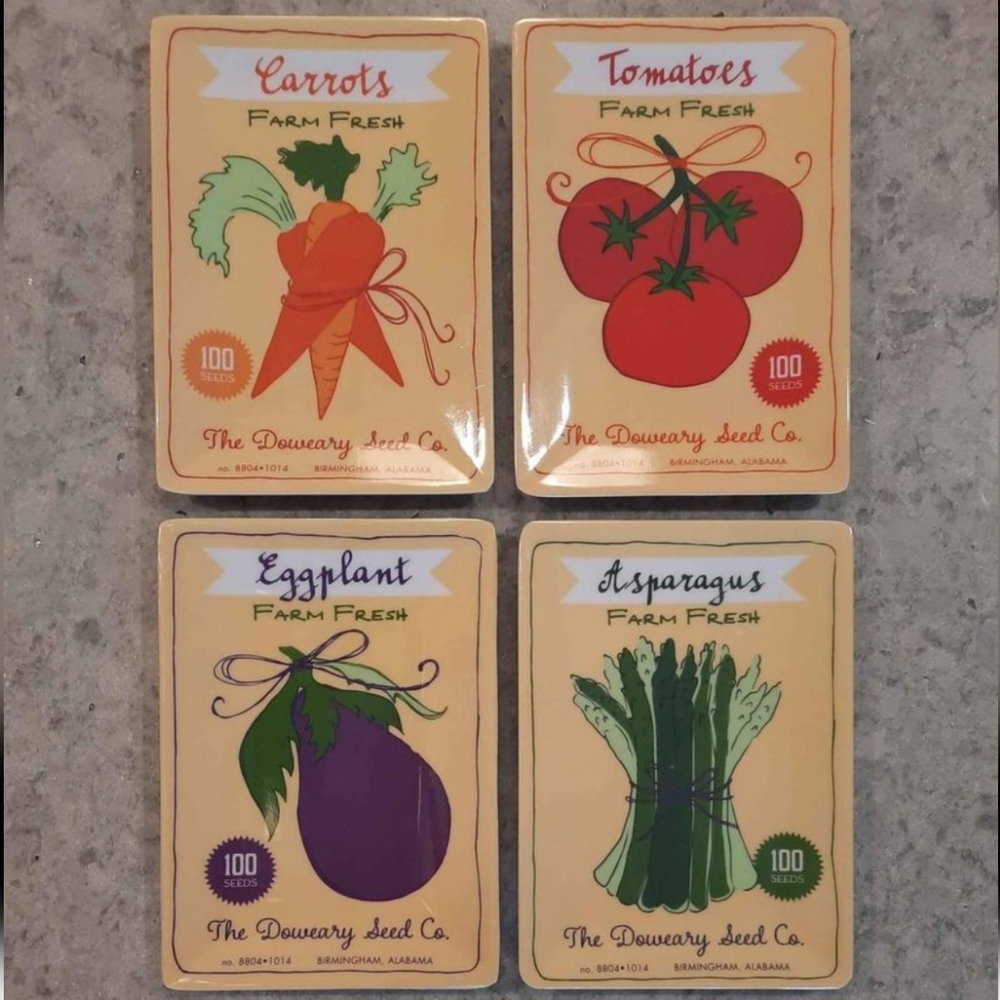 Vegetable Seed Packet Appetizer Snack  Plates ~ Melamine ~ Set of 4 ~ NEW